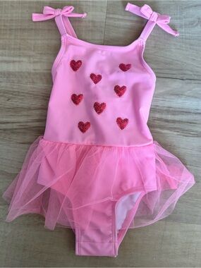 Cat & Jack Pink Tutu One-Piece Swimsuit with Red Sequin Hearts